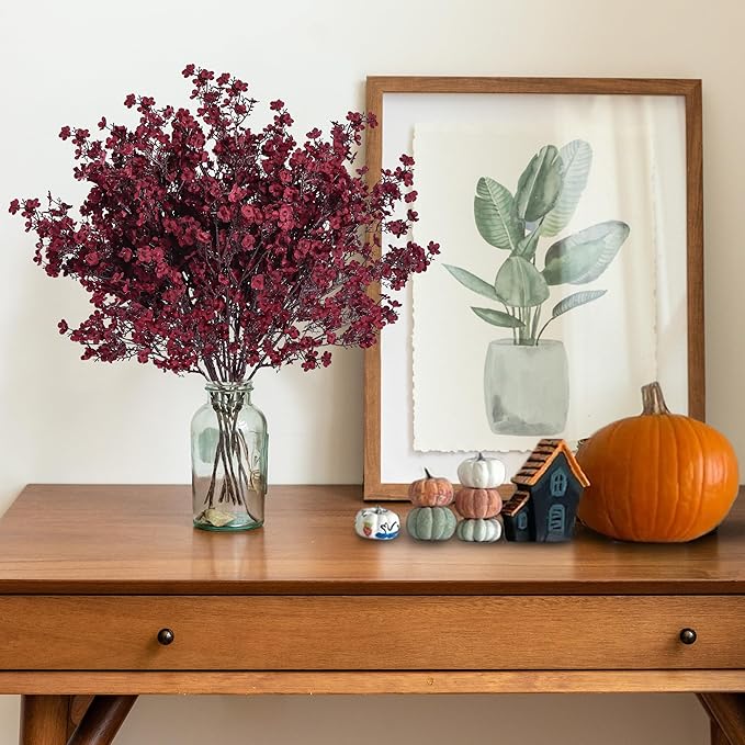 Sggvecsy 15 Pcs Babys Breath Artificial Flowers Gypsophila Bouquets Bulk Real Touch Fake Silk Flowers for Home DIY Floral Arrangement Table Centerpiece Fall Thanksgiving Autumn Decoration (Burgundy)