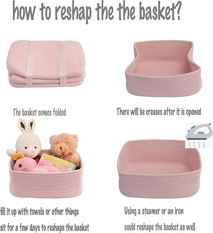 Small Woven Storage Baskets 13“X9”X5“ Decorative Rope Bins for Organizing Shelves, Closets, and Toys, Empty Gift Baskets, Cute Organizer Basket for Home and Office (pink, Large)