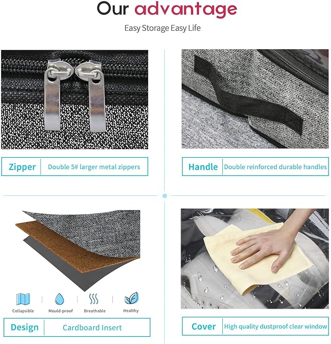 Onlyeasy 2 Pack Under Bed Shoes Storage Bag Organizer (14+4 Pairs), Collapsible Shoe Boot Container with Handles, Underbed Storage Solution for Kids & Adults, 86x60x15cm, Linen-like Black, MXAUBS14S4