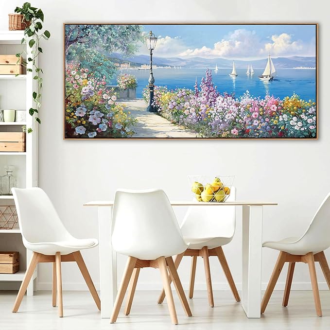 YCPRIMER Extra Large Coastal Wall Art - Sailboat Pictures Ocean Canvas Wall Decor Flowers Paintings Landscape Yellow Artwork Modern Seascape Nautical Decoration Framed for Living Room Bedroom Home Office Decor Size 70x31Inches