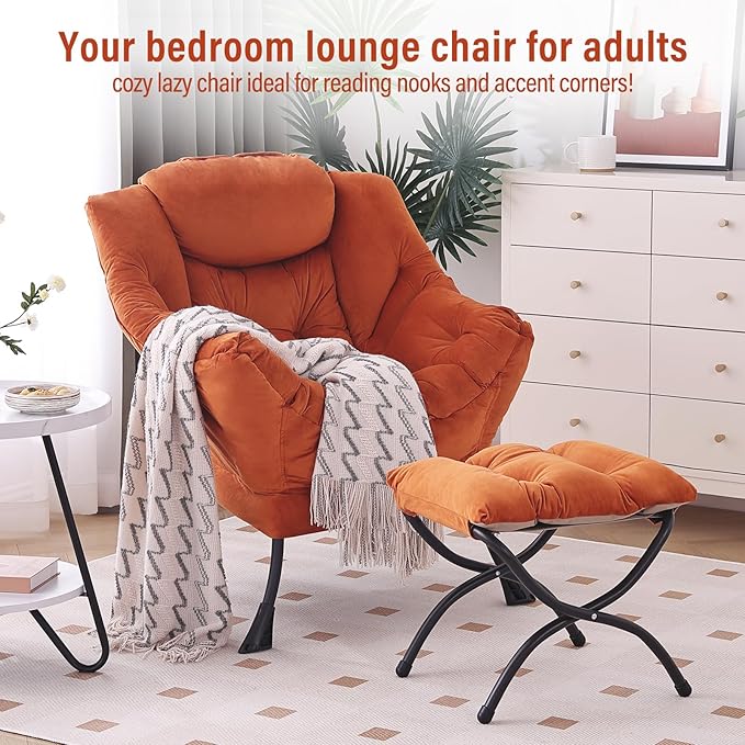 Lazy Chair with Ottoman, Modern Chair with Folding Footrest, Lounge Accent Chair, Comfortable Reading Chair, Oversized Armchairs for Bedroom, Study, Living Room, Courtyard (Velvet Orange)