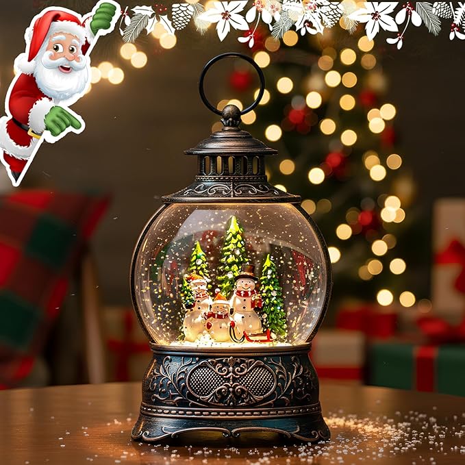 Christmas Snow Globe Snowman Family Lantern – Musical LED Water Globe, Swirling Glitter, 8 Holiday Carols, Auto Timer – Vintage Lighted Tabletop Decor & Gift