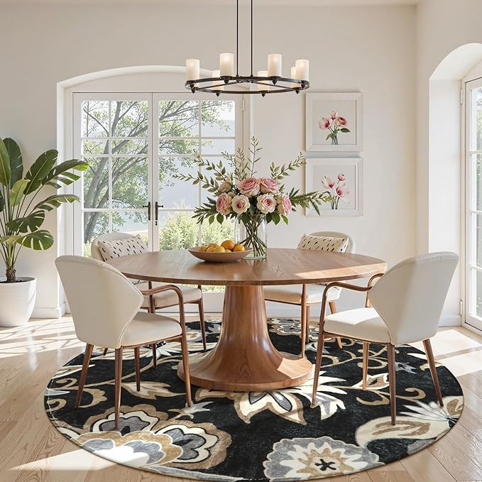 Lahome Floral Black Round Area Rug - 5Ft Washable Ultra-Thin Soft Bedroom Rug, Non-Slip Stain Resistant Circle Rug for Living Room, Office, Dining Room, Paisley Print Accent Carpet
