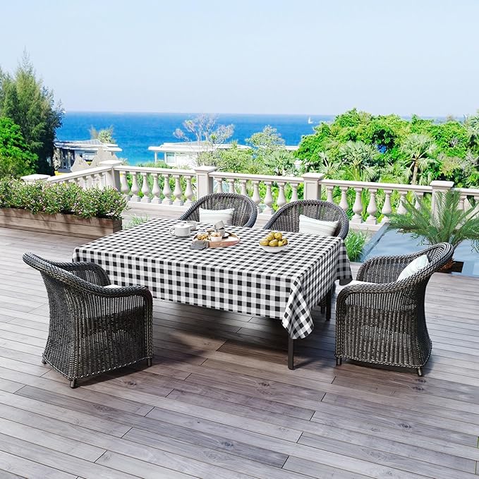 misaya 2 Pack Waterproof Vinyl Table Cloth, Buffalo Flannel Backed Tablecloth, Wipeable Plastic Table Cover for Dinner, Kitchen, Outdoor (60" x 84", Black & White)