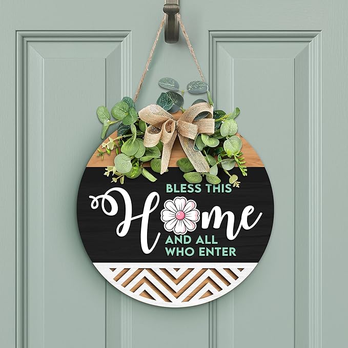GOSSBY Interchangeable Welcome Sign for Front Door - BLESS THIS HOME - Seasonal Rustic Wood Wreath - Hanging Wall Sign Decoration for Outside, Porch, Farmhouse - New Home, Housewarming Gift