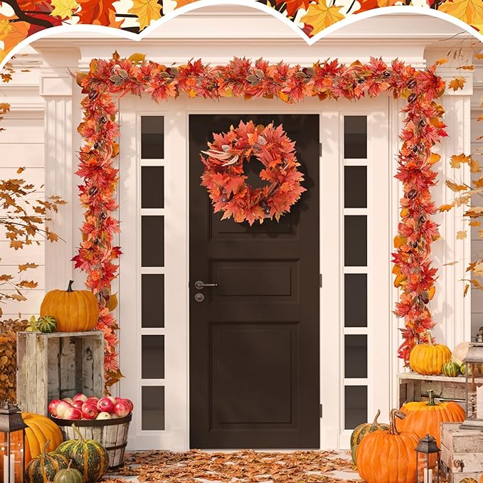 Zeyune 1 Pcs 6ft Long Fall Footballs Decor Artificial Garland Autumn Mixed Maple Leaves Garland Farmhouse Hanging Rustic Fall Wreath Decor for Front Door Kitchen Fireplace Home Indoor Outdoor
