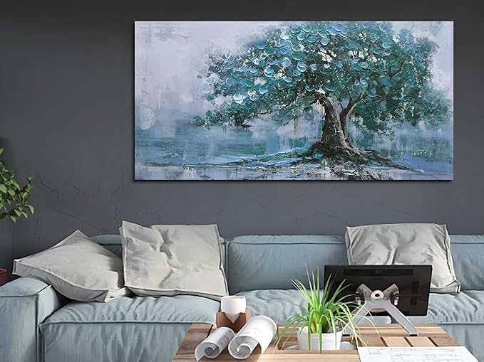Ardemy Extra Large Tree Canvas Wall Art for Living Room Teal Tree of Life Landscape Bedroom Picture Painting Artwork Framed Home Office Dining Room Kitchen Wall Decor, 58"x29"