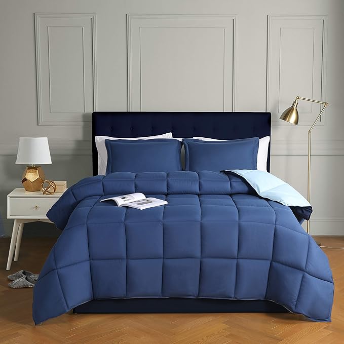 HIG 3pc Down Alternative Comforter Set - All Season Reversible Comforter with Sham - Quilted Duvet Insert with Corner Tabs - Box Stitched - Breathable, Soft, Fluffy (Twin/Twin XL, Navy/Light Blue)