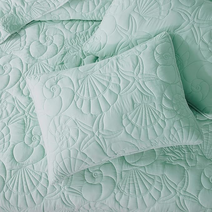 WDCOZY Coastal Beach Twin Size Quilt Bedding Sets, Seafoam Green Nautical Tropical Ocean Bedspread, Scallop Seashell Soft Coverlet, Lightweight Summer Thin Comforter for All Season