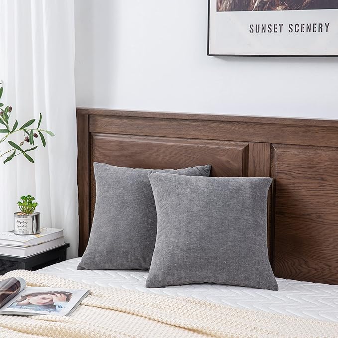GAWAMAY Decorative Square Throw Pillow Covers 20"x20" Inch Set of 2, Super Soft Chenille Pillows Cover Fall Pillowcase for Living Room Bedroom Sofa Couch Cushion Cover Grey 50x50cm (No Insert)