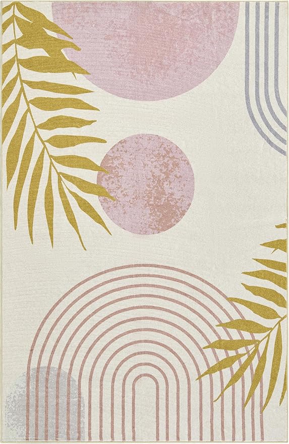 RoomTalks Cute Pink Nuresry Rug Washable, Boho Modern Contemporary Aesthetic 4x6 Area Rugs for Bedroom Dining Living Room Dorm, Abstract Art Tropical Leaves Thin Indoor Entryway Rug Carpet