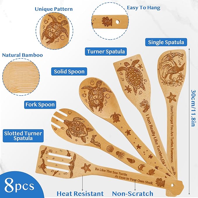 Sea Turtle Gifts for Women,8PCS Coastal Bamboo Cooking Utensil Spoon with Apron Oven Mitt Potholder for Kitchen Decor,Ocean Themed Stuff for Turtle Lovers,Mom,Housewarming,Birthday Gifts