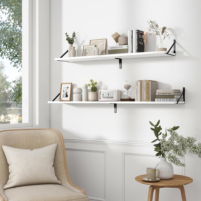 Fun Memories Deep Floating Shelves for Wall, 55W x 8D Wall Mounted Shelves Set of 2, Wide Display Ledge Shelf with Sturdy Metal Brackets for Living Room, Bathroom, Bedroom and Kitchen, White