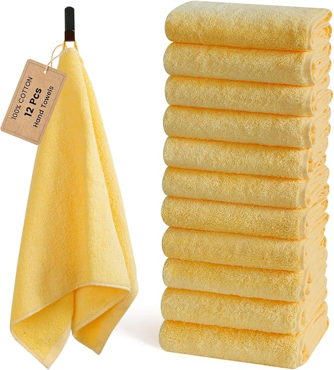 SEMAXE 12 Pack Hand Towels for Bathroom, 100% Cotton Towels with Hanging Loops, Soft and Highly Absorbent, Hand Towel Set for Gym, Shower, Hotel, Spa and Kitchen, Yellow