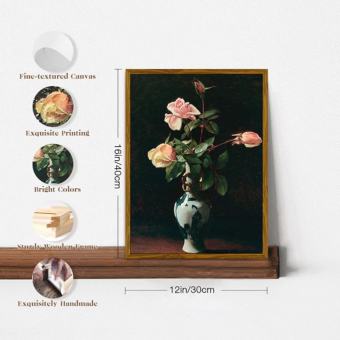crmotu Vintage Framed Wall Art, Classical Vase Roses Canvas Painting, Still Life Floral Botanical Prints, Flower Dark Academia Pictures Wall Decor Living Room Bedroom Desktop Kitchen Artwork 12x16in