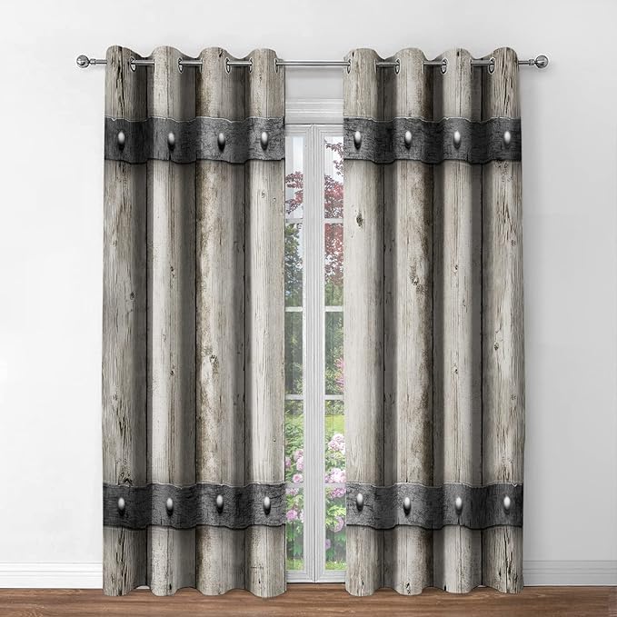 Jekeno Rustic Wooden Barn Door Blackout Curtains Retro Wood Farm Farmhouse Country Decor for Bedroom Living Room Darkening Grommet Window Drapes 2 Panel Set, 42"x63"