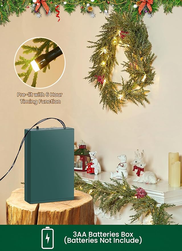 Brightown Christmas Garland with Lights, 6Ft 20 LED Lighted Pine Leaves Garland Decorated with Snowflakes, Berry, North Star, Battery Operated Indoor & Outdoor Christmas Lights for Mantle Stairs Wall