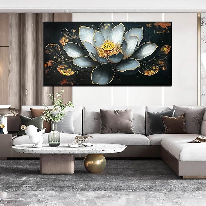 Lotus Flower Painting Wall Art for Bedroom - Black and White Hand Painted Wall Art for Living Room Large Size - Black Framed Wall Decor Size 29" x 59"