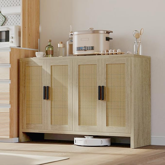 Rattan Buffet Cabinet with Storage, Sideboard with Doors, TV Stand, Farmhouse Side Board Coffee Bar, Modern Wood Storage Cabinets for Livingroom, Kitchen and Dining Room (Oak)