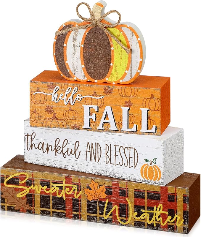 Geelin 4 Pcs Fall Decorations Autumn Wooden Sign Pumpkin Thanksgiving Maple Leaves Table Centerpiece Tiered Tray Decor Hello Fall Wood Blocks Tiered Tray Decor Table Top Sign for Home