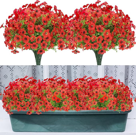 24 Bundles Artificial Flowers for Outdoors Decorations, Fake Flowers Artificial Plants Outdoor, Colorful Daisy Eucalyptus Realistic UV Resistant for Garden Patio Porch Home Decor, Red
