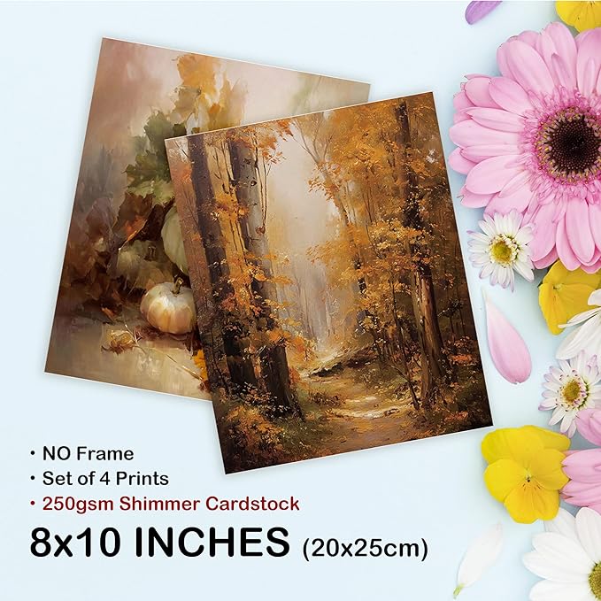 TLESKE Fall Vintage Forest Landscape Posters Prints Unframed 8x10 Set of 4, Autumn Pumpkins Mushroom Wall Art Prints Decor for Farmhouse Bedroom Living Room, Cottagecore Rustic Wall Pictures