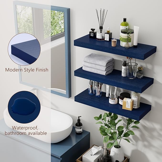 Solid Wood Floating Shelves Set of 3 - Modern Blue Shelves for Wall Decor Storage in Bedroom, Living Room, Bathroom, Kitchen - Dark Blue