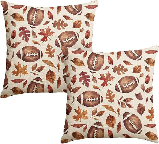 AVOIN colorlife Fall Football Maple Leaves Throw Pillow Covers 18x18 Inch, Seasonal Autumn Thanksgiving Harvest Cushion Case Decoration for Sofa Couch Set of 2
