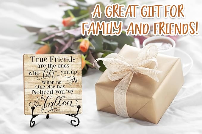 Friendship Quotes Desk Decor Gifts for Women Best Friends, True Friends Are The Ones Who Lift You Up Tabletop Sign, Motivational Wood Plaque With Iron Stand for Home Office Bedroom -16
