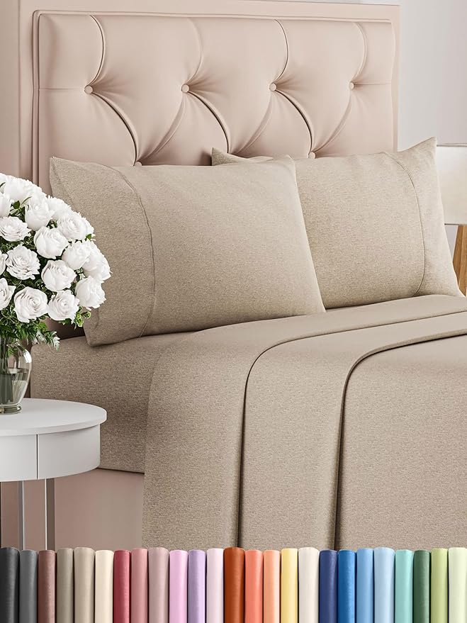 Queen Size 4 Piece Sheet Set - Comfy Breathable & Cooling Bed Sheets Set - Hotel Luxury Bedding for Women, Men, Kids, Teens, Boys & Girls - Deep Pockets, Soft & Wrinkle Free - Beige (Heathered Sheets)