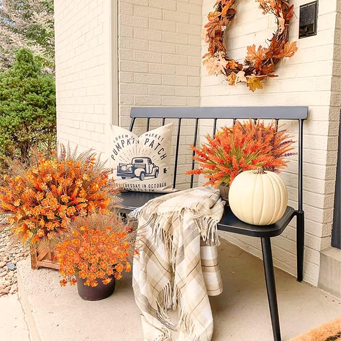 Agusbagli 40 Bunches Artificial Fall Outdoor Flowers Fake Autumn Boxwood Plants UV Resistant Plastic No Fade Faux Fall Flowers Arrangements for Thanksgiving Autumn Weddings Porch Indoor Home Decor