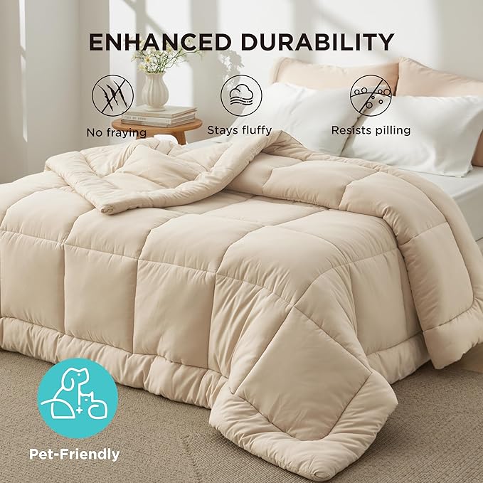Bedsure Comforter Duvet Insert - Quilted Comforters King Size, All Season Duvet, GentleSoft Down Alternative Bedding, with 8 Tabs, Gifts for Women/Men, Beige, King 90 x 102 Inches