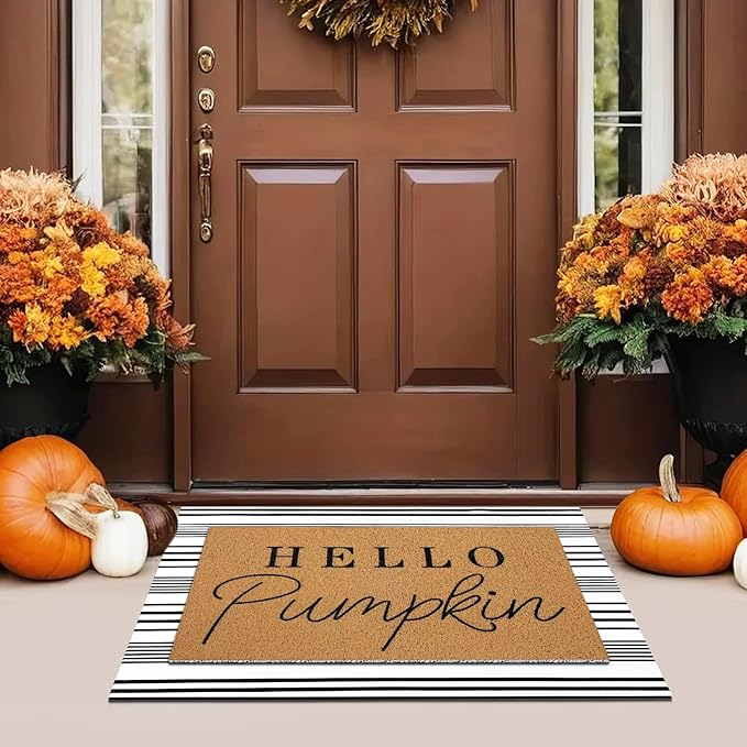 2 Pcs Fall Door Mat Hello Pumpkin Welcome Non Slip Coir Mats Thanksgiving Black White Stripe Harvest Floor Layering Doormats Seasonal for Front Porch Entryway Decor(Hello Pumpkin)