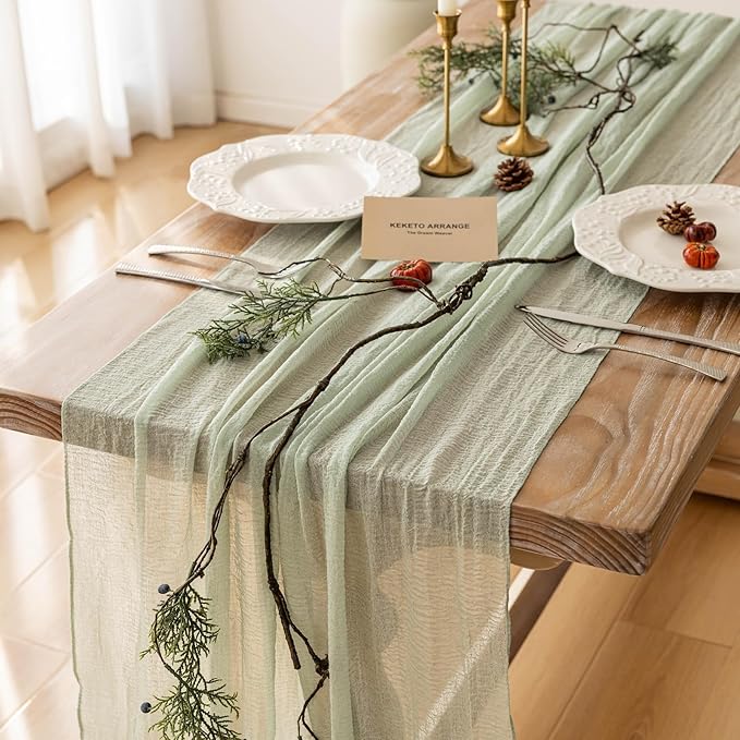 6pcs Cheesecloth Table Runner Sage Green Gauze 120 Inch 10 FT Rustic Boho Cheese Cloth Runner for Wedding Baby Shower Bridal Shower Party Long Sheer Centerpiece Home Decoration