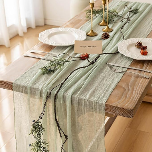 6pcs Cheesecloth Table Runner Sage Green Gauze 120 Inch 10 FT Rustic Boho Cheese Cloth Runner for Wedding Baby Shower Bridal Shower Party Long Sheer Centerpiece Home Decoration
