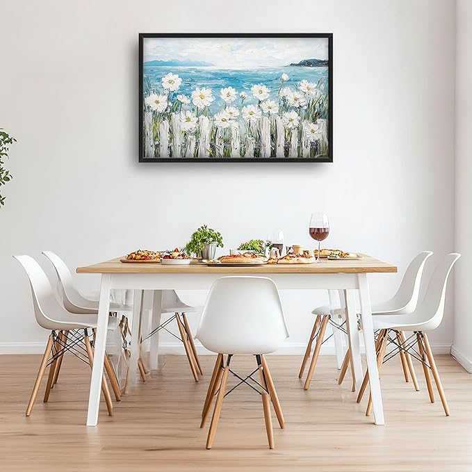 Large Coastal Ocean Wall Art for Living Room, Coastline Beach Flower Oversized Wall Decor Pictures, Nature Seascape Framed Canvas Print Painting, Modern Artwork for Bedroom Office Home Decor 36"x24"