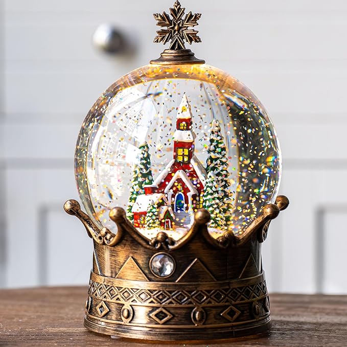 Christmas Snow Globe Lantern Water Glittering Churche Crown with Music, USB Lined/Battery Operated Lighted Lantern for Christmas Festival Decoration Gifts