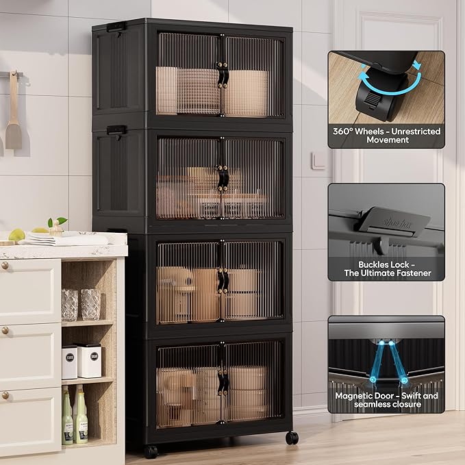 Jalove 50QT Plastic Storage Bins with lids, Stackable Collapsible Storage Containers with Wheels, Closet Organizer and Storage Drawers, Clothes Storage Cabinet for Home Office Garage, 1 Pack Black