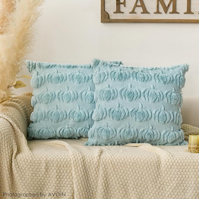 AVOIN colorlife Fall Pumpkin Blue Throw Pillow Covers, 18 x 18 Inch Seasonal Autumn Thanksgiving Harvest Decoration Soft Plush Faux Fur Jacquard Cushion Case Decoration for Sofa Couch Set of 2