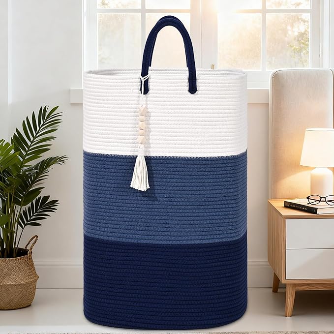 Woven Laundry Basket for Clothes,100 L Large Rectangle Laundry Hampers with Beads Tassel, Nursery Storage Basket for Toys, Tall Dirty Clothes Hamper for Bedroom Aesthetic, Laundry Room Organization