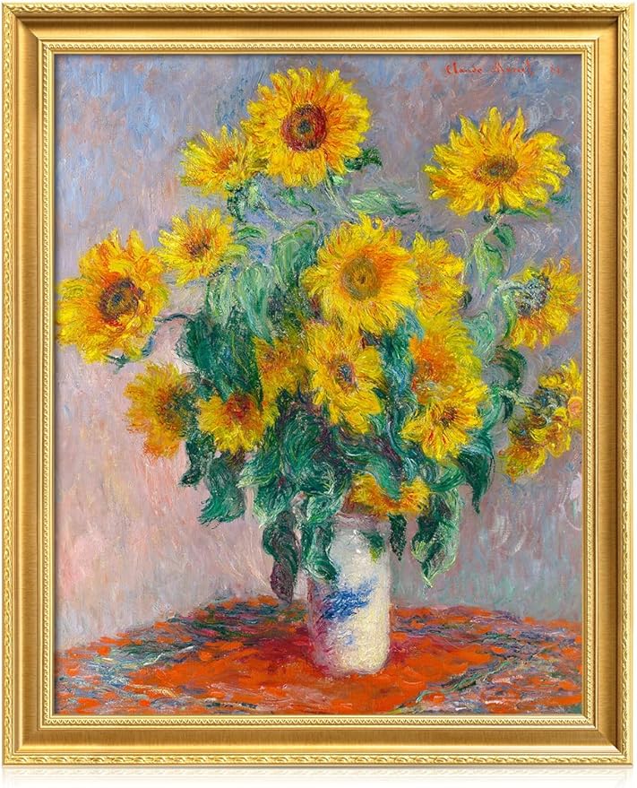 DECORARTS - Claude Monet Sunflowers Giclee Print with Gold Solid Wood Frame, Impressionist Large Framed Wall Art, Ready to Hang, Framed Size 28.75x34.75, Made in USA