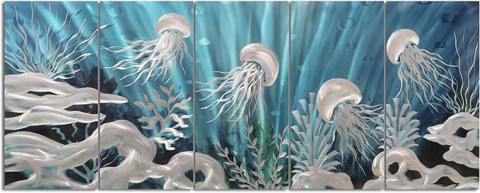 Yihui Arts Blue Deep Ocean Extra Large Jellyfish Metal Wall Art, in Modern Ocean Design, 3D Wall Art for Modern and Contemporary Decor, 5-Panels, Metal Wall Decor Works Indoors and Outdoors