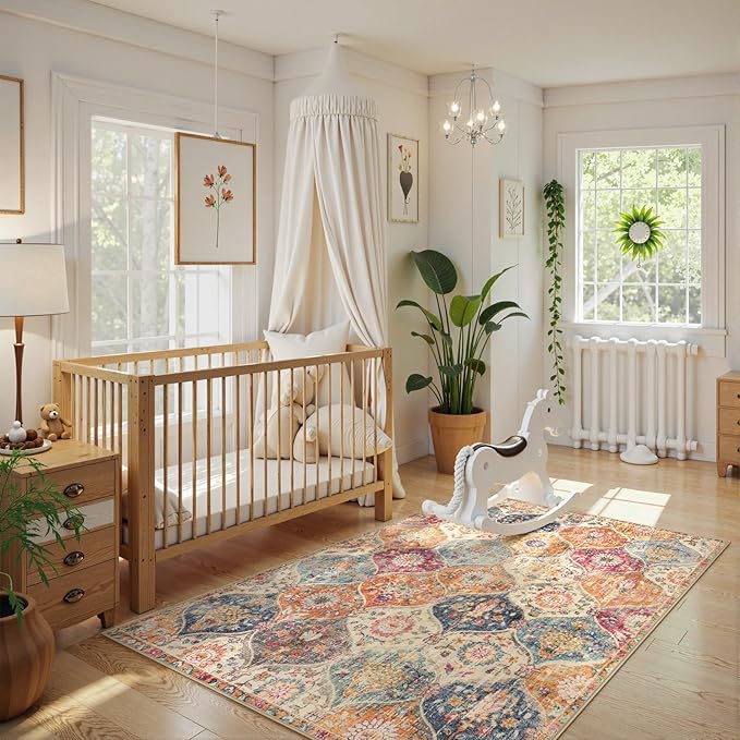 Lahome Moroccan Trellis Washable Small Area Rug, 3x5 Area Rug for Bedroom Living Room, Non-Slip Oriental Accent Throw Carpet for Kitchen Office Entryway Bathroom Office, Cream/Multi