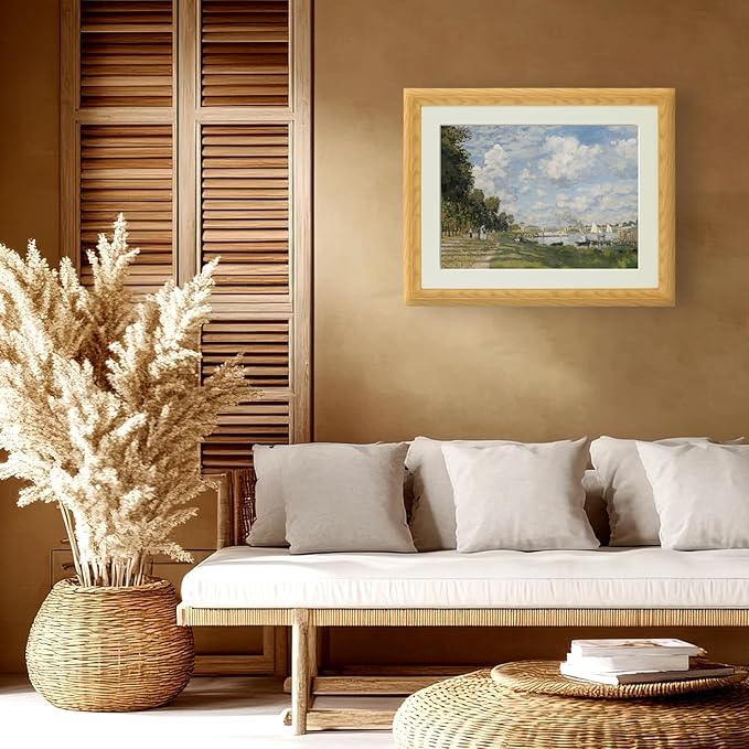 Brivoria Framed Canvas Wall Art Vintage Decor, Impressionist Riverside Painting with Autumn Sky, Sailboats, and Riverside Path for Living Room Bedroom Dining Room or Fireplace Mantel Display, 16"x20"