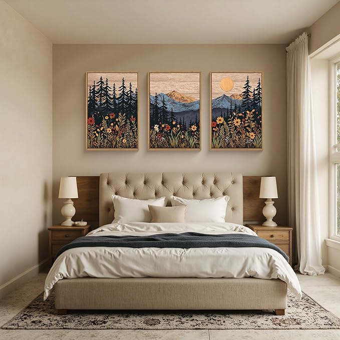 HOURIA Natural Mountain Floral Framed Canvas Wall Art,Modern Sunrise Forest Wall Decor,Boho Wildflower Woodland Landscape Artwork,Wilderness Pine Tree Field Art Print for Living Room,Office-16 x24 x3