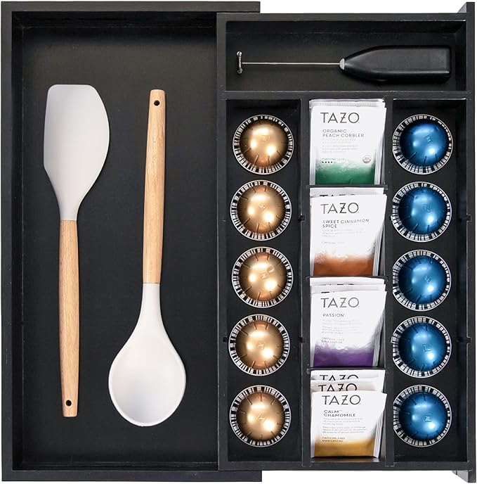 Tea Bag and Coffee Pod Kitchen Drawer Organizer, Expandable 9.7 to 17 Inches, 10 Storage Compartments, Adjustable Wall Inserts, Non-Slip Feet, Food-Safe Black Finish, 100% Bamboo Wood