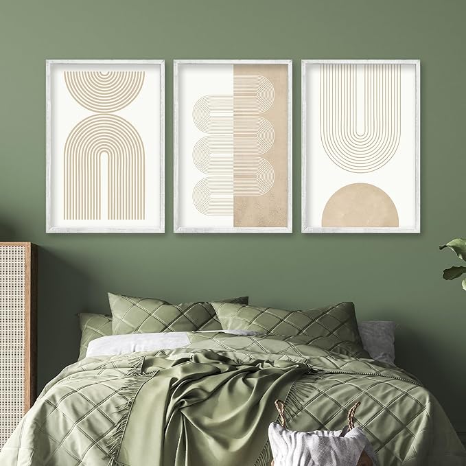 Wall Art Set of 3 Geometric Beige Spiral Wave 16"x11" Wooden Framed Mid Century Organic Abstract Neutral Sign Prints Nordic Boho Office Living Room Master Bedroom Wall Hang Decor (White)