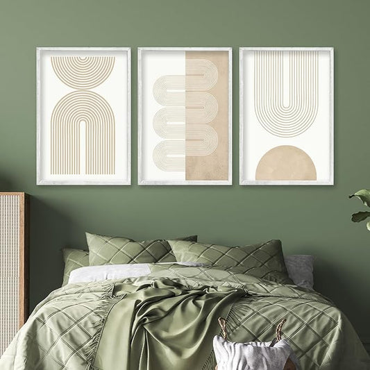 Wall Art Set of 3 Geometric Beige Spiral Wave 16"x11" Wooden Framed Mid Century Organic Abstract Neutral Sign Prints Nordic Boho Office Living Room Master Bedroom Wall Hang Decor (White)