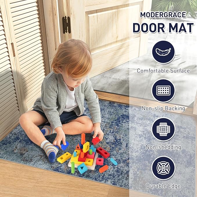 Machine Washable Area Rugs 2x3: Small Entryway Rug with Non Slip Backing Non Shedding Stain Resistant Abstract Carpet for Living Room Bedroom Kitchen Laundry Under Dining Table - Blue