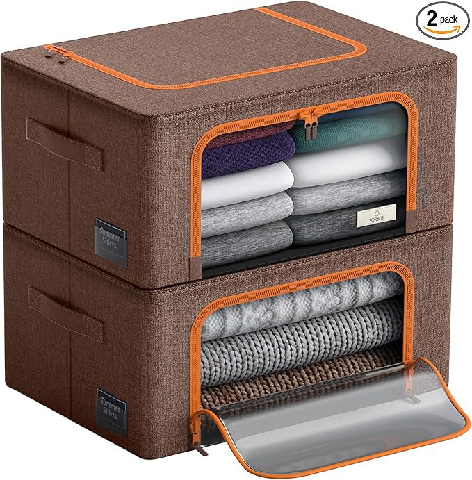 Sorbus® Storage Bins Boxes, Foldable Stackable Container Organizer Basket Set with Large Clear Window & Carry Handles, for Bedding, Linen, Clothes (Brown)